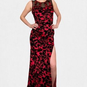 Black and red rose print velvet evening gown